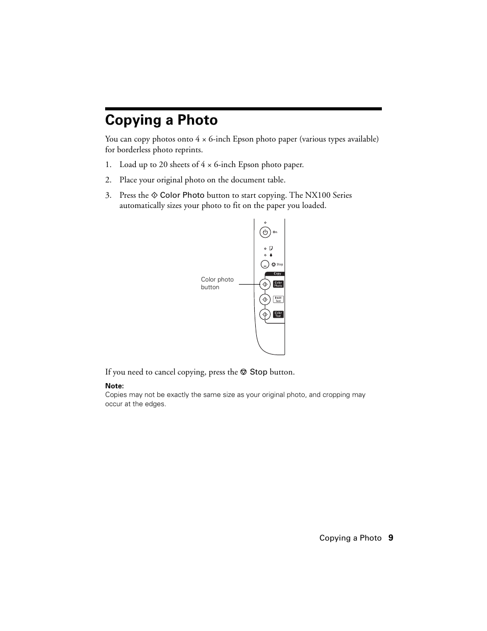 Copying a photo | Epson NX100 User Manual | Page 9 / 40