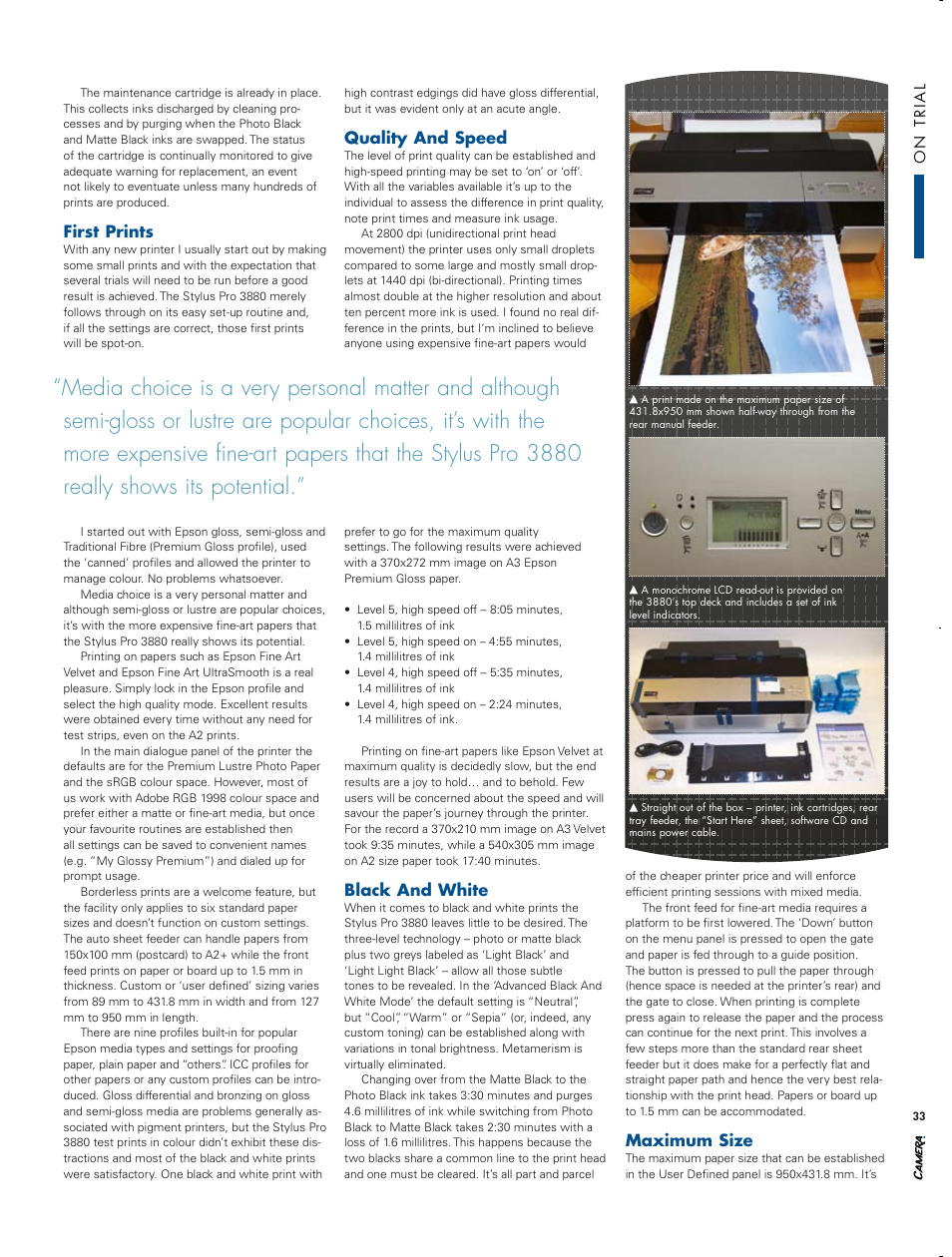 First prints, Quality and speed, Black and white | Maximum size, The verdict, Flying colours | Epson STYLUS PRO 3880 User Manual | Page 2 / 3