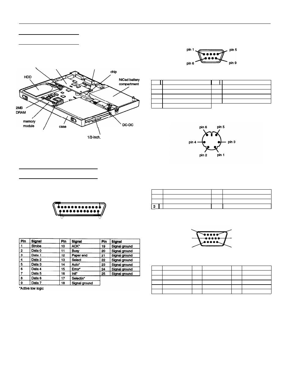 Major subassemblies, Connector pin assignments, Serial port connectors (j1 and j6) | Parallel port connector (j2), Pointing device connector (j10), Vga port connector (j3) | Epson 4SLC-25 User Manual | Page 4 / 7