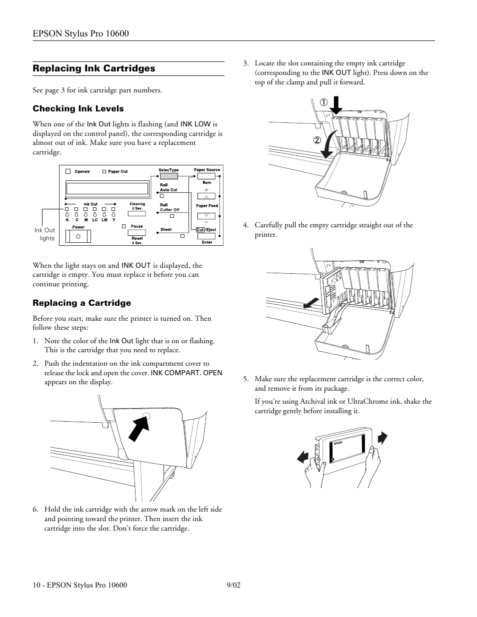 Replacing ink cartridges, Checking ink levels, Replacing a cartridge | Epson Sylus Pro 10600 User Manual | Page 10 / 16