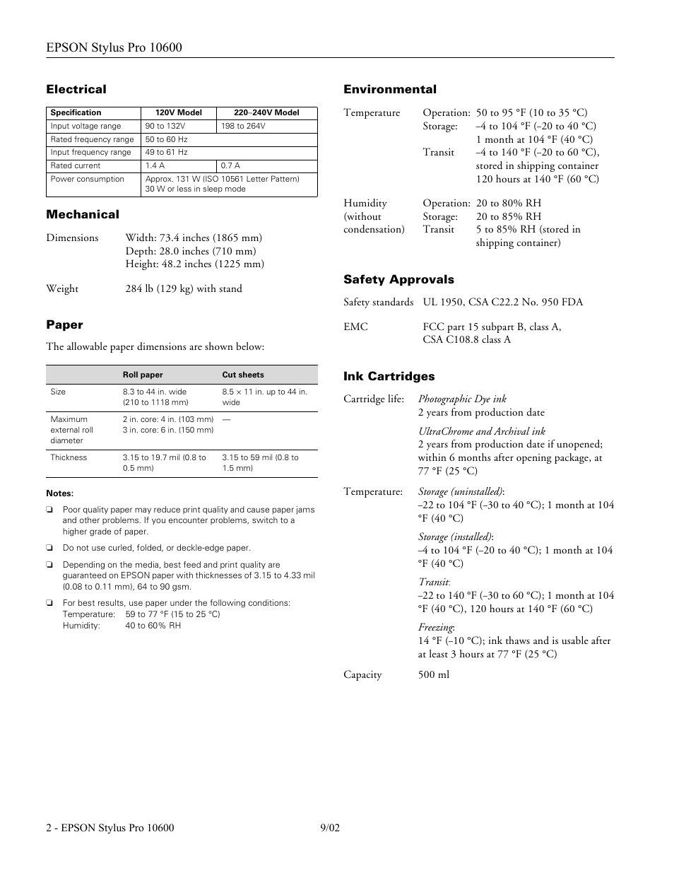 Electrical, Mechanical, Paper | Environmental, Safety approvals, Ink cartridges, Electrical mechanical paper, Environmental safety approvals ink cartridges | Epson Sylus Pro 10600 User Manual | Page 2 / 16