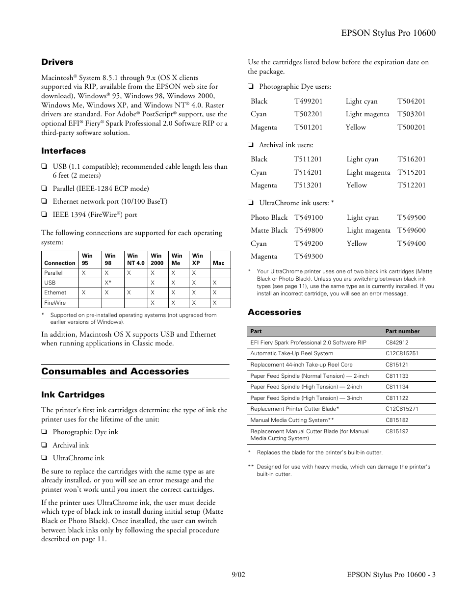 Drivers, Interfaces, Consumables and accessories | Ink cartridges, Accessories | Epson Sylus Pro 10600 User Manual | Page 3 / 16