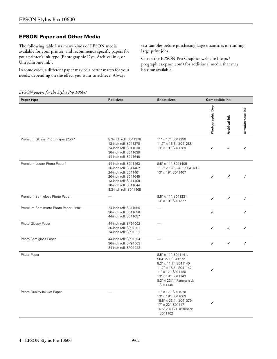Epson paper and other media | Epson Sylus Pro 10600 User Manual | Page 4 / 16