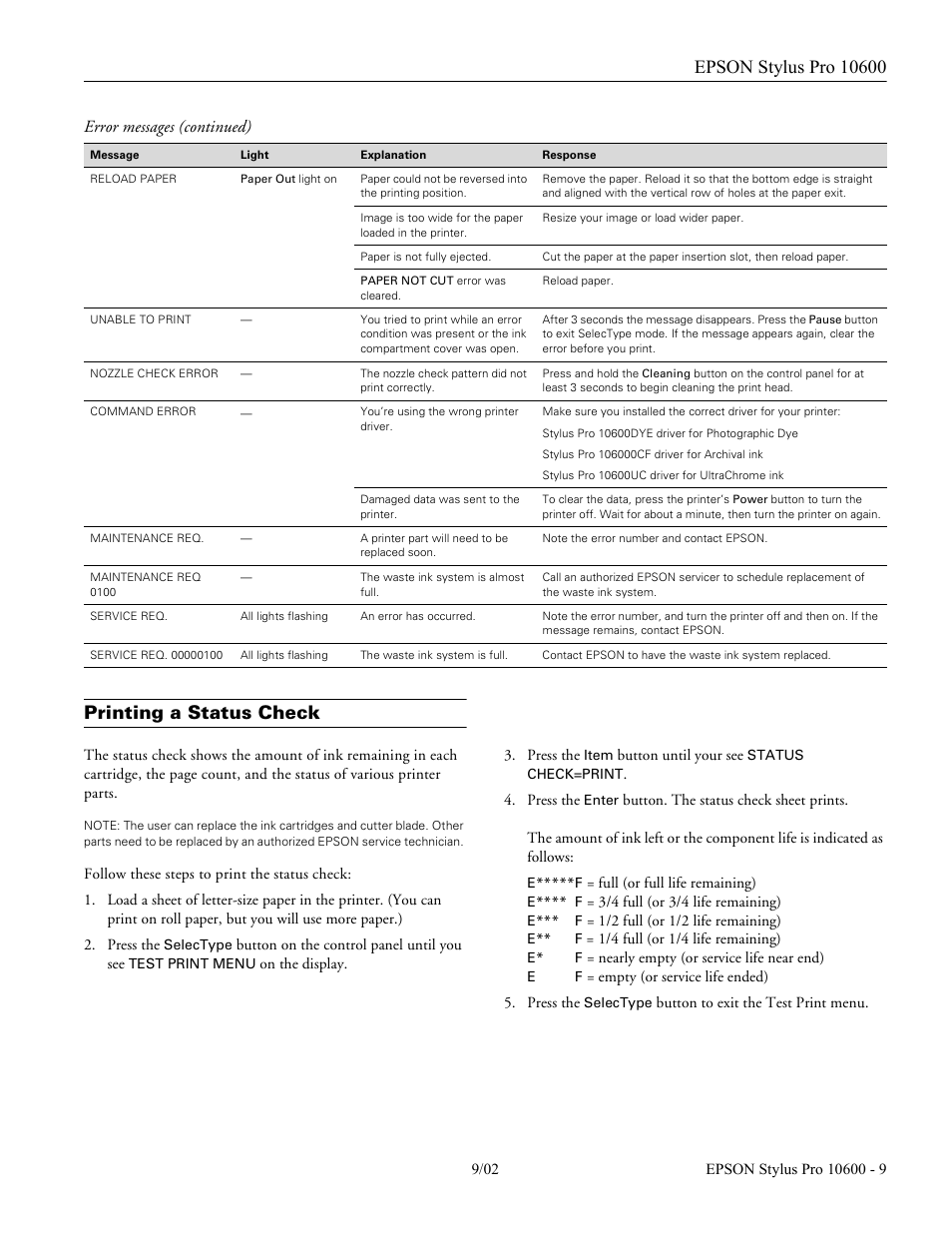 Printing a status check, Error messages (continued) | Epson Sylus Pro 10600 User Manual | Page 9 / 16