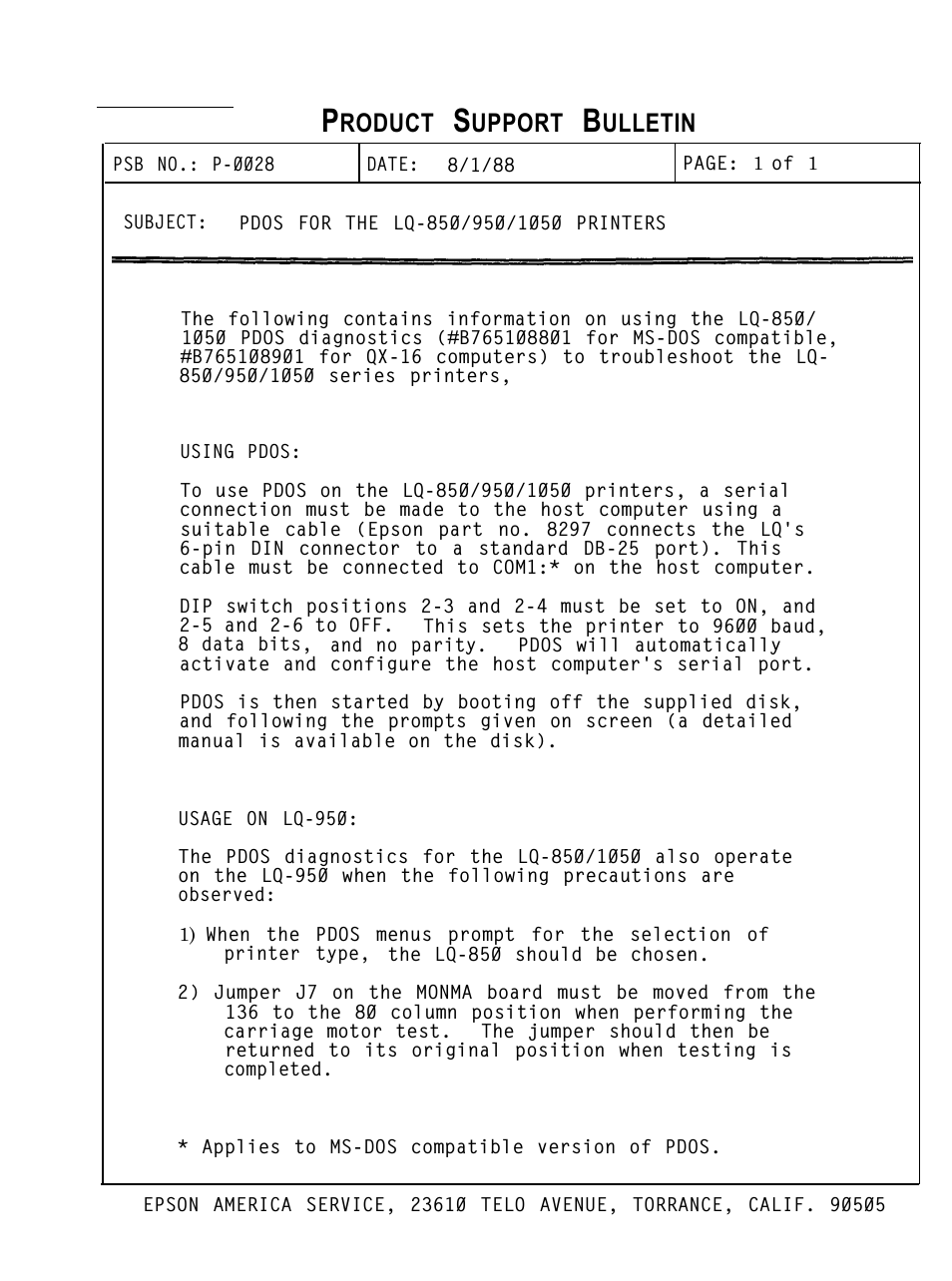 P-0028 pdos for the lq-850/950/1050 printers, Epson, Service | Roduct, Upport, Ulletin | Epson AP4000 User Manual | Page 11 / 18