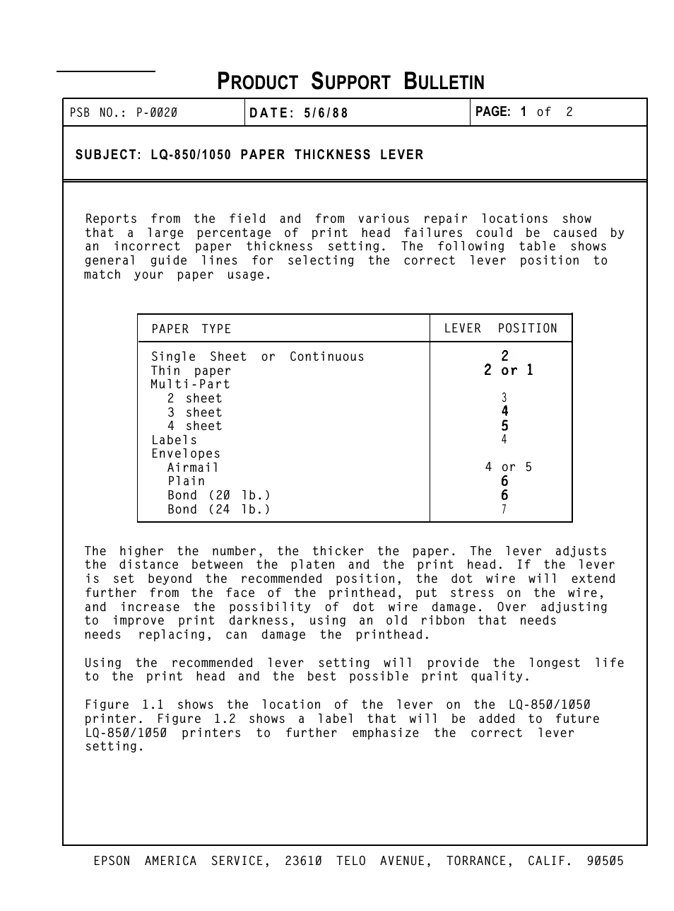 P-0020 lq-850/1050 paper thickness lever, Epson, Service | Roduct, Upport, Ulletin | Epson AP4000 User Manual | Page 12 / 18