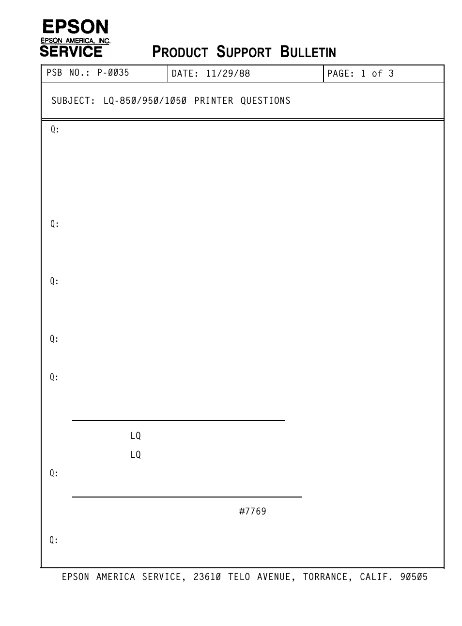 P-0035 lq-850/950/1050 printer questions, Roduct, Upport | Ulletin | Epson AP4000 User Manual | Page 8 / 18
