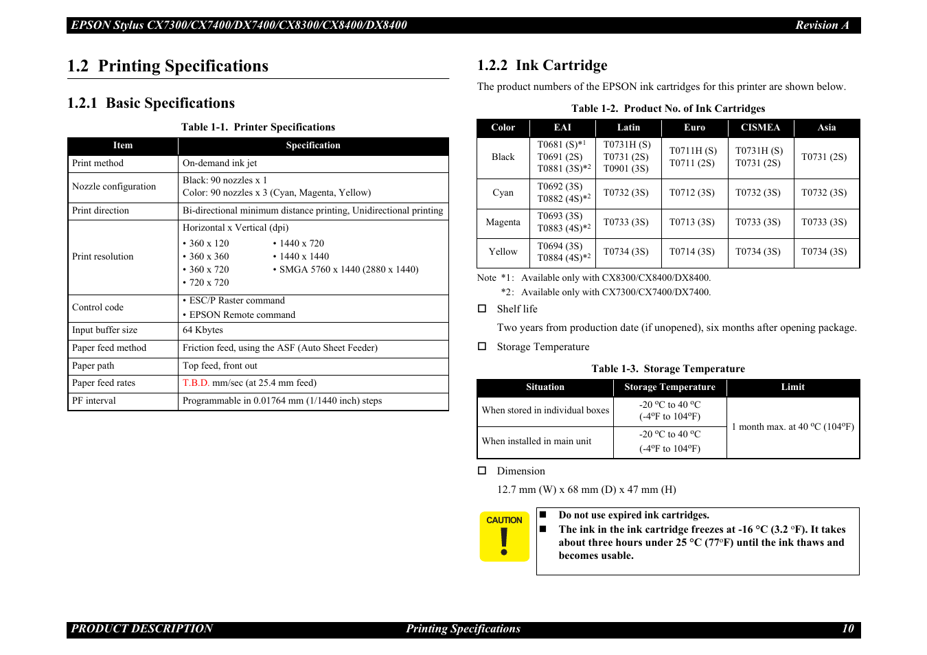 2 printing specifications, 1 basic specifications, 2 ink cartridge | 1 basic specifications 1.2.2 ink cartridge | Epson Stylus CX7300 User Manual | Page 10 / 20