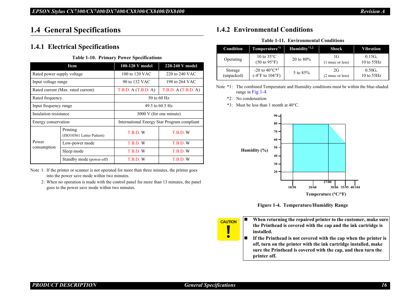 4 general specifications, 1 electrical specifications, 2 environmental conditions | 1 electrical specifications 1.4.2 en | Epson Stylus CX7300 User Manual | Page 16 / 20