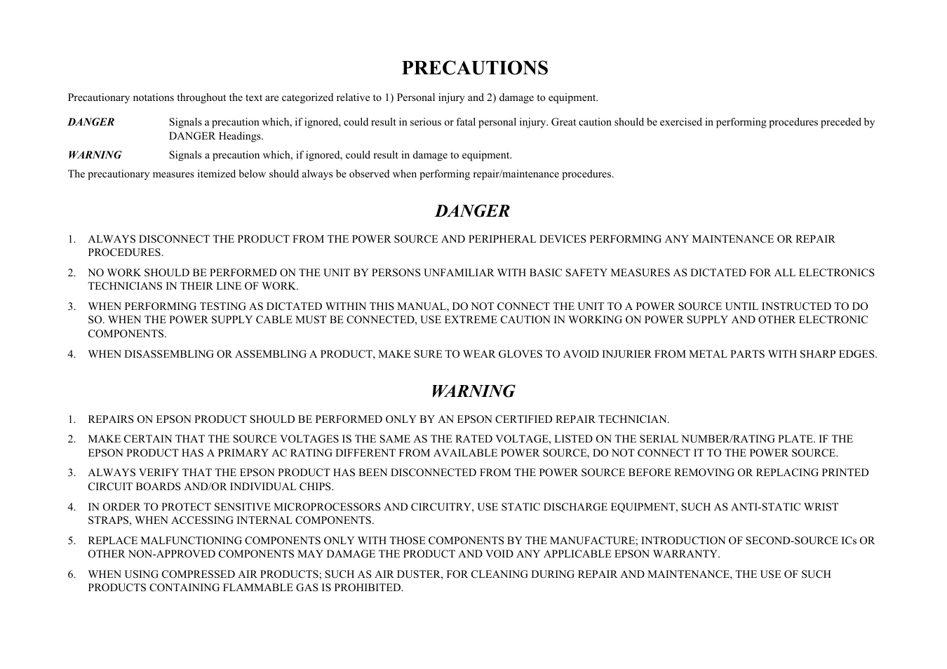 Precautions, Danger, Warning | Epson Stylus CX7300 User Manual | Page 3 / 20
