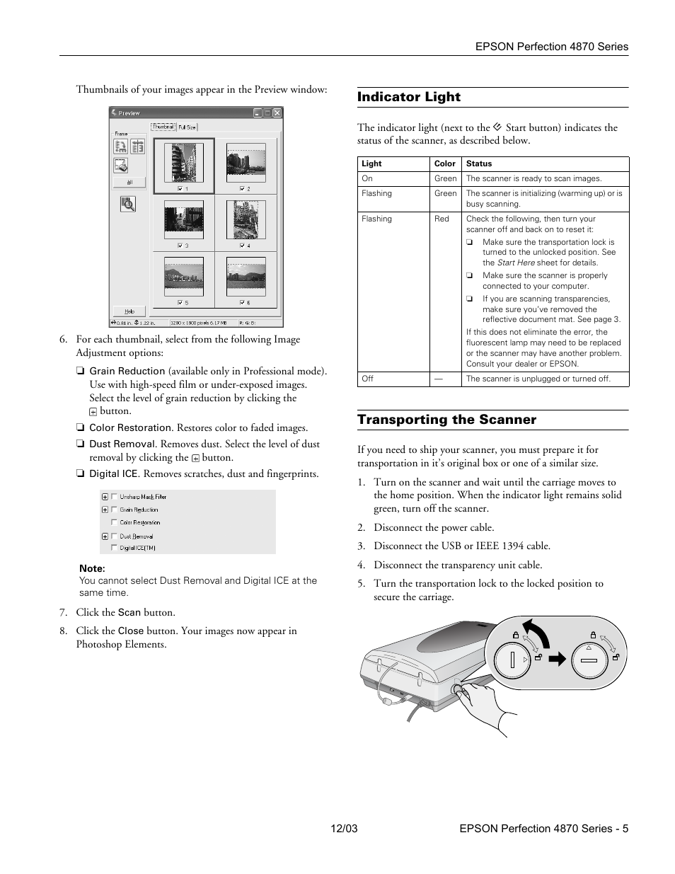 Indicator light, Transporting the scanner | Epson 4870 User Manual | Page 5 / 6