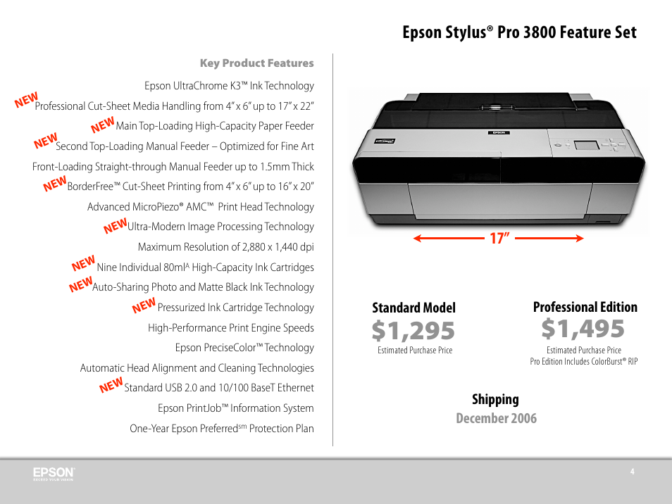 Epson stylus® pro 3800 feature set, Shipping december 2006, Standard model | Professional edition | Epson 3800 User Manual | Page 4 / 41