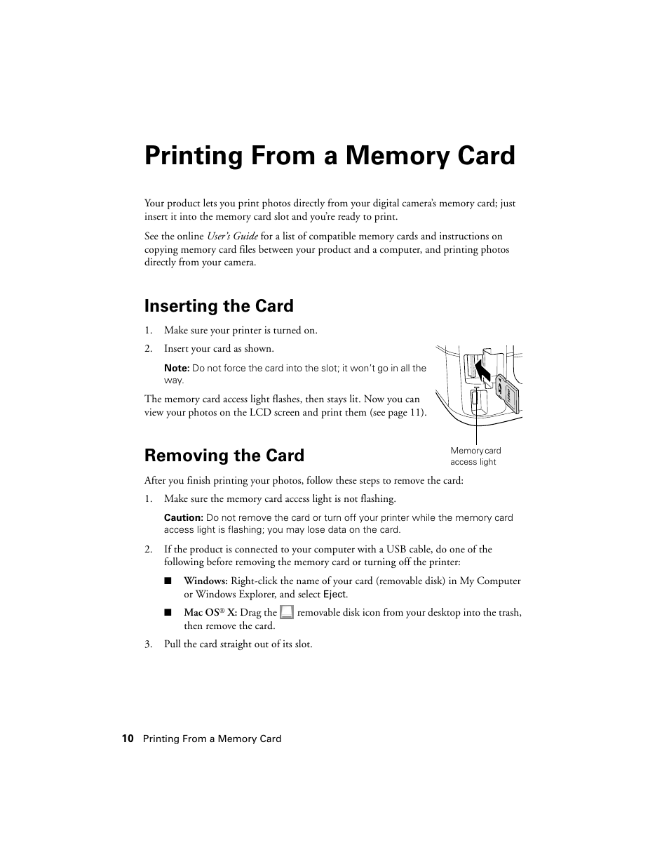 Printing from a memory card, Inserting the card, Removing the card | Epson WorkForce 645 User Manual | Page 10 / 44