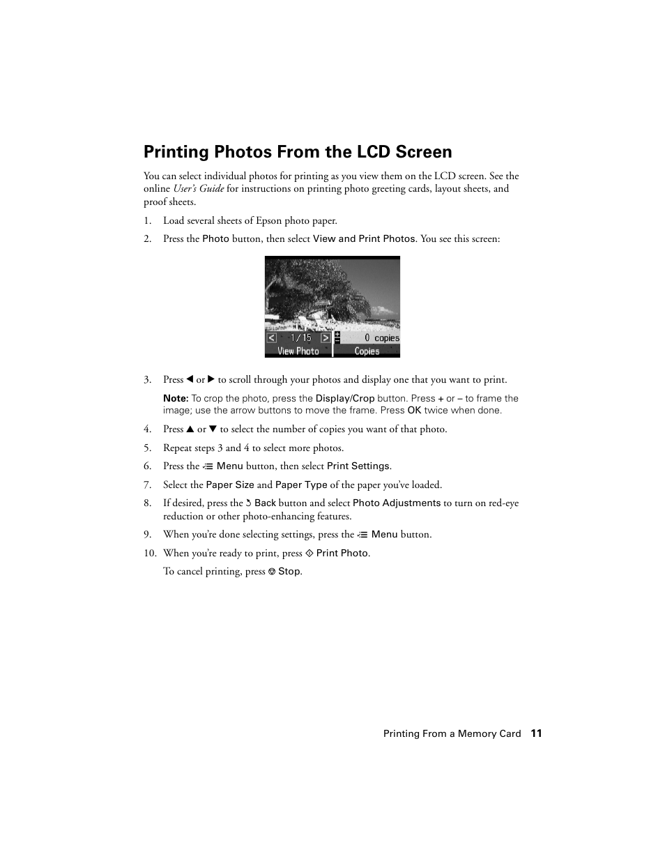 Printing photos from the lcd screen | Epson WorkForce 645 User Manual | Page 11 / 44