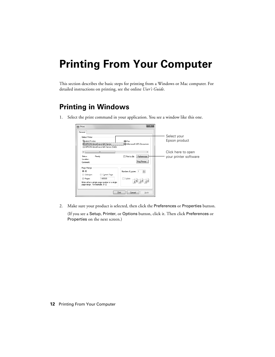 Printing from your computer, Printing in windows | Epson WorkForce 645 User Manual | Page 12 / 44
