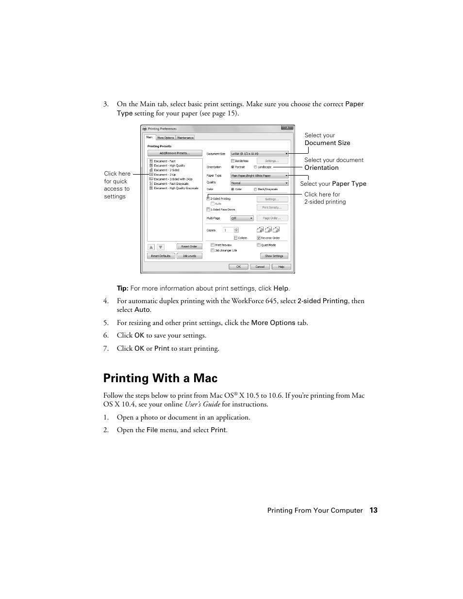 Printing with a mac | Epson WorkForce 645 User Manual | Page 13 / 44