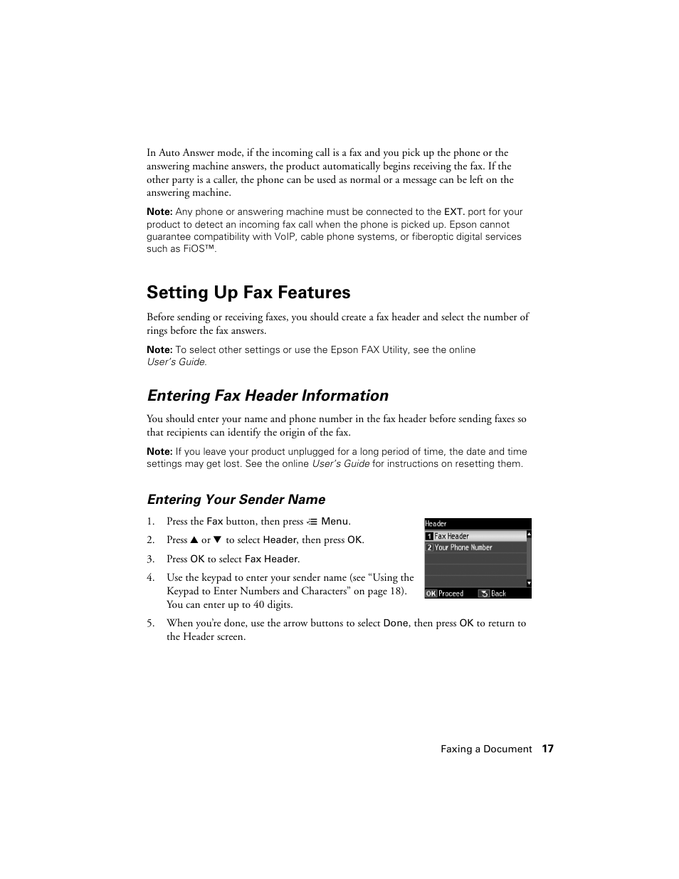 Setting up fax features, Entering fax header information | Epson WorkForce 645 User Manual | Page 17 / 44