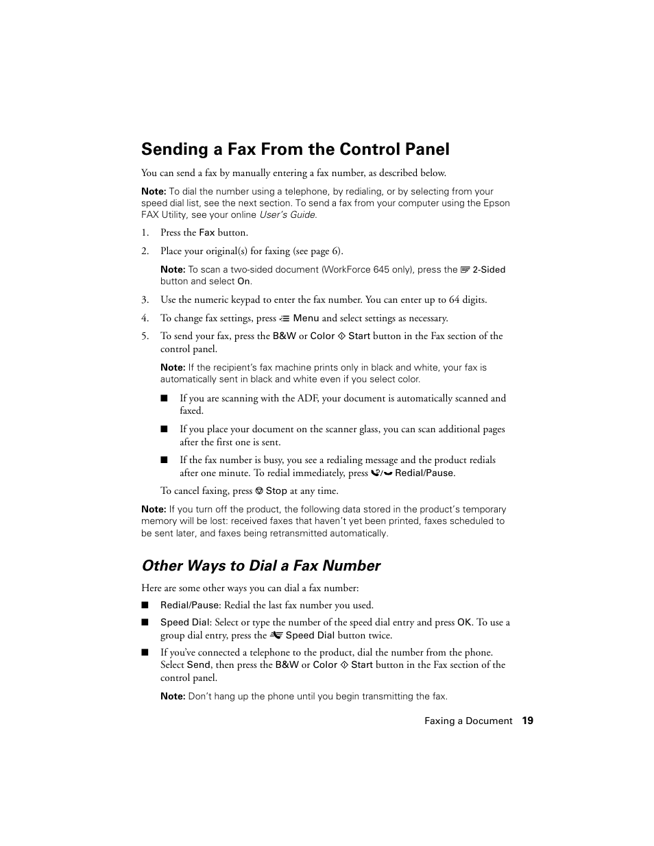 Sending a fax from the control panel, Other ways to dial a fax number | Epson WorkForce 645 User Manual | Page 19 / 44