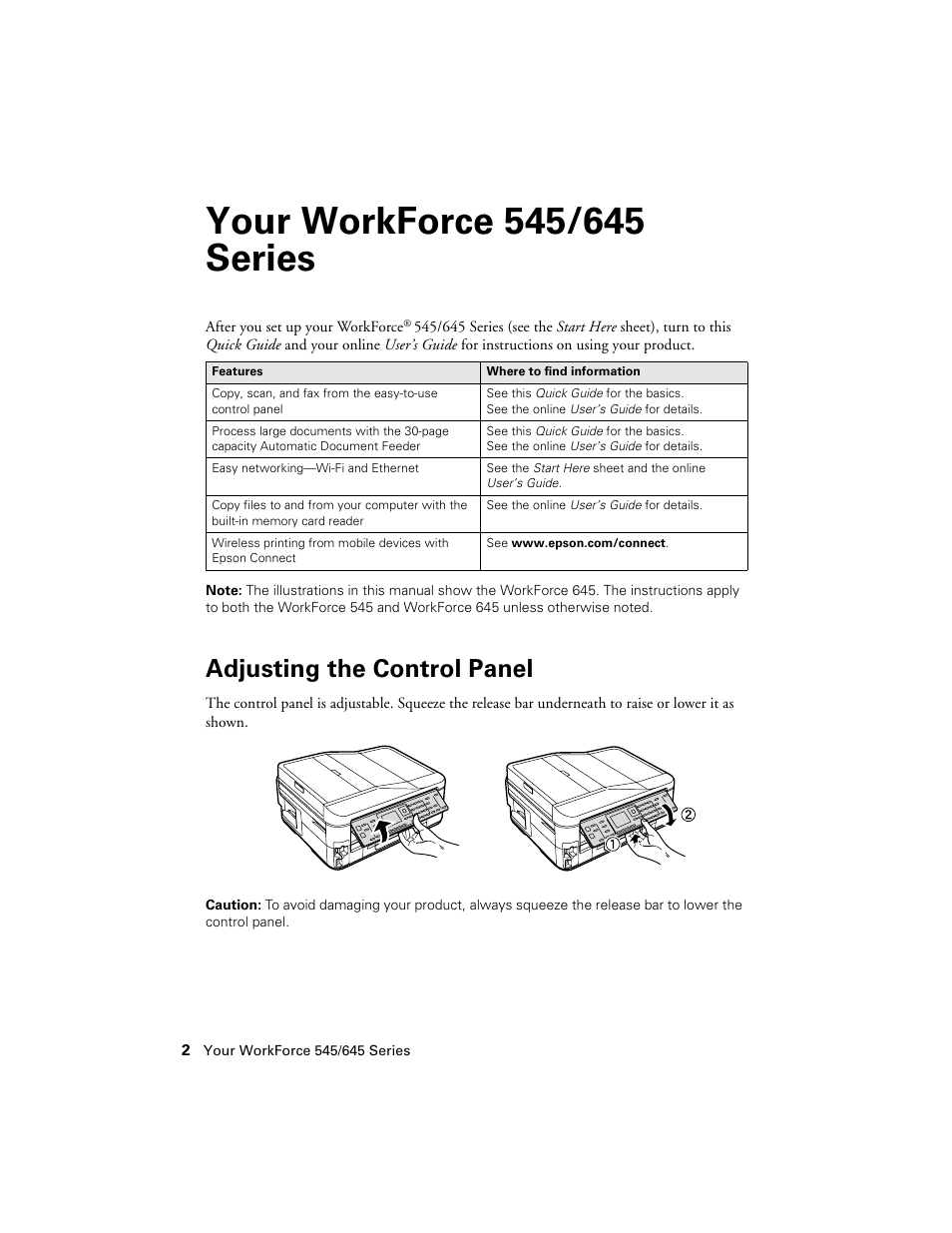 Your workforce 545/645 series, Adjusting the control panel | Epson WorkForce 645 User Manual | Page 2 / 44