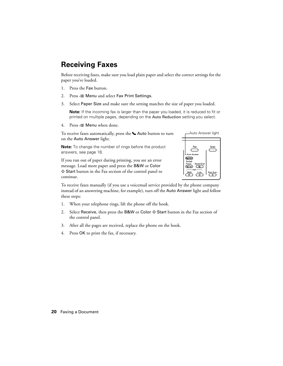 Receiving faxes | Epson WorkForce 645 User Manual | Page 20 / 44