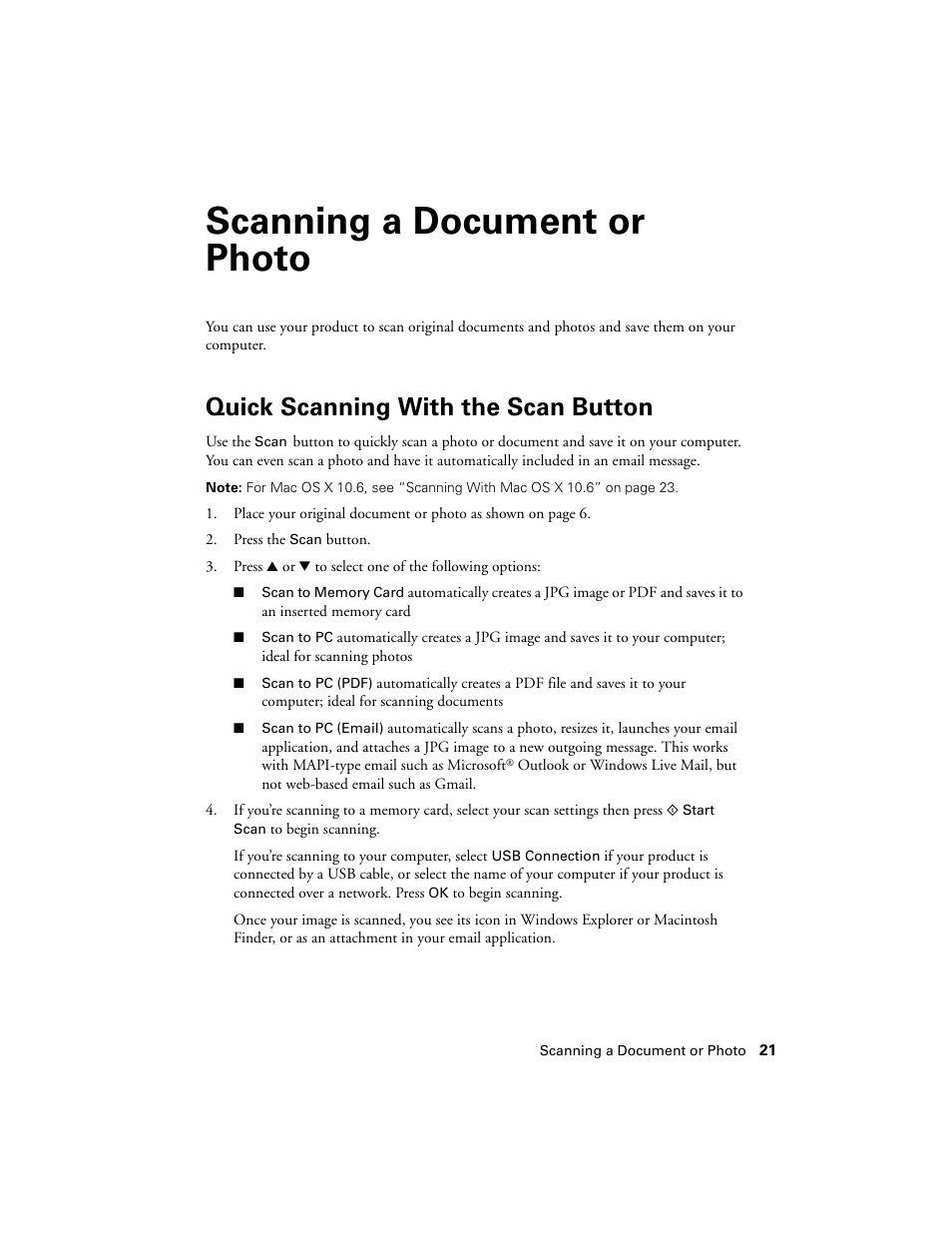 Scanning a document or photo, Quick scanning with the scan button | Epson WorkForce 645 User Manual | Page 21 / 44