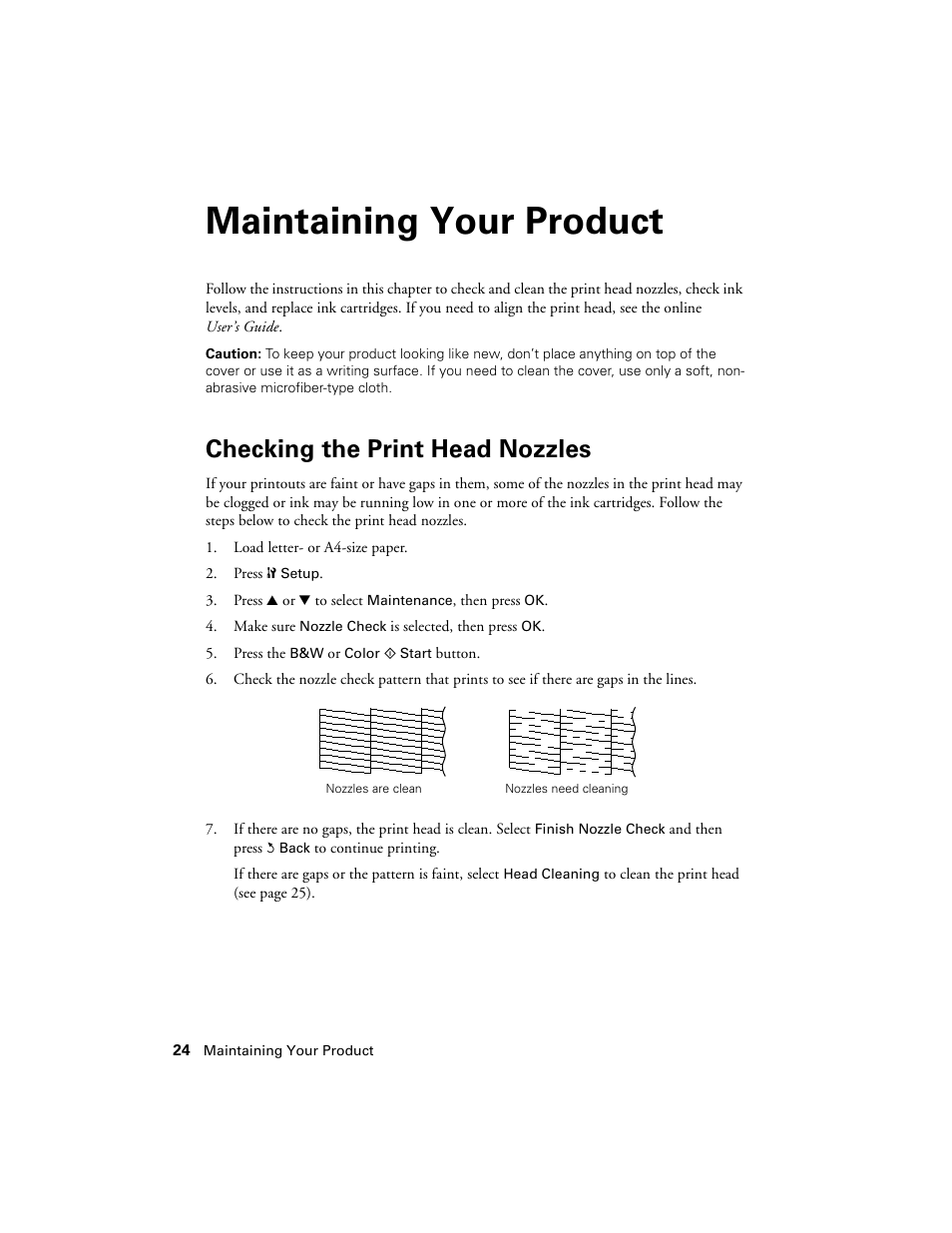 Maintaining your product, Checking the print head nozzles | Epson WorkForce 645 User Manual | Page 24 / 44