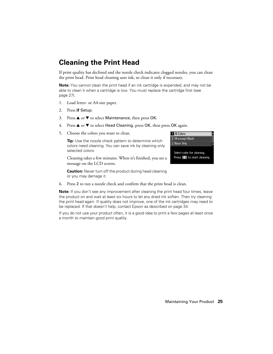 Cleaning the print head | Epson WorkForce 645 User Manual | Page 25 / 44