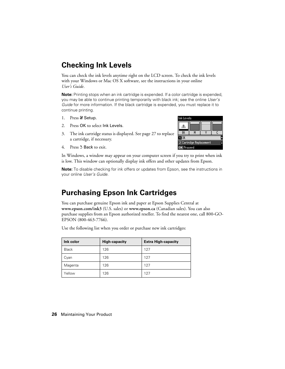 Checking ink levels, Purchasing epson ink cartridges | Epson WorkForce 645 User Manual | Page 26 / 44