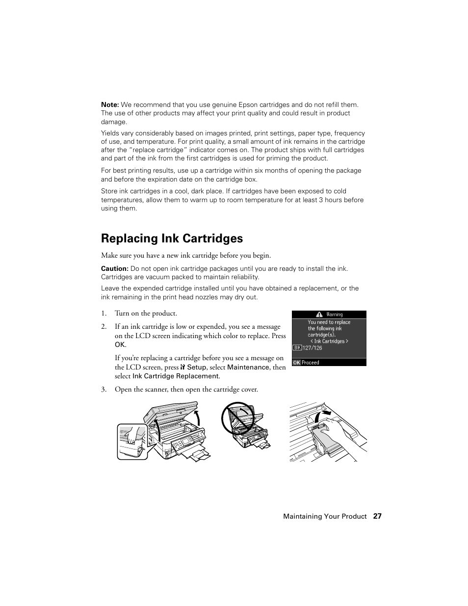 Replacing ink cartridges | Epson WorkForce 645 User Manual | Page 27 / 44