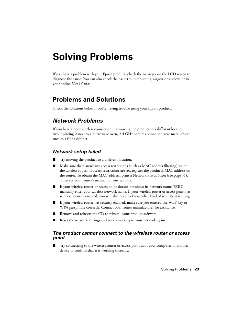 Solving problems, Problems and solutions, Network problems | Epson WorkForce 645 User Manual | Page 29 / 44