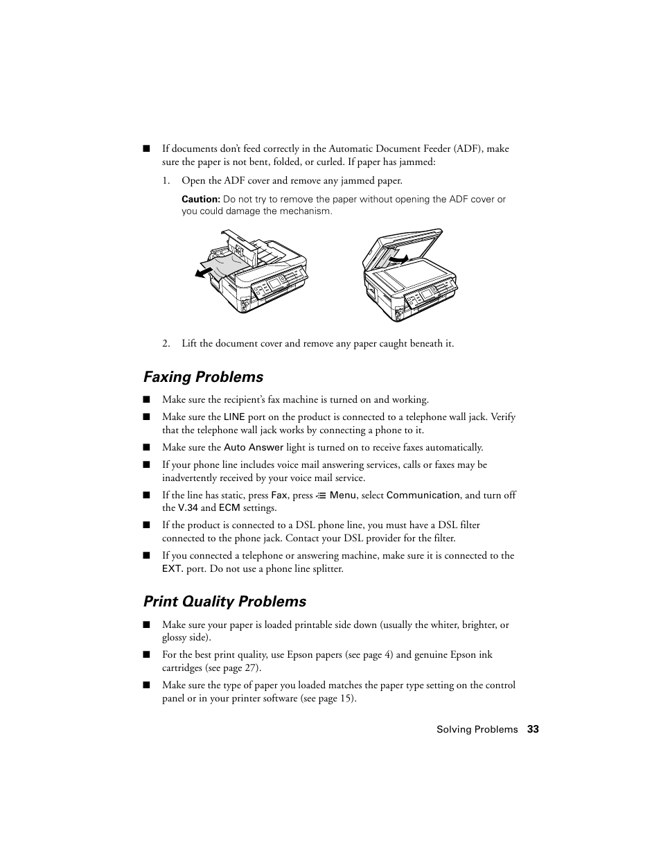 Faxing problems, Print quality problems | Epson WorkForce 645 User Manual | Page 33 / 44