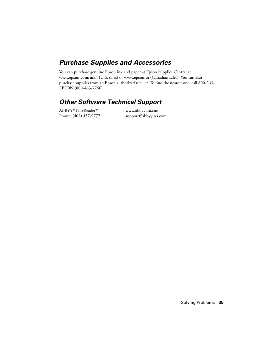 Purchase supplies and accessories, Other software technical support | Epson WorkForce 645 User Manual | Page 35 / 44