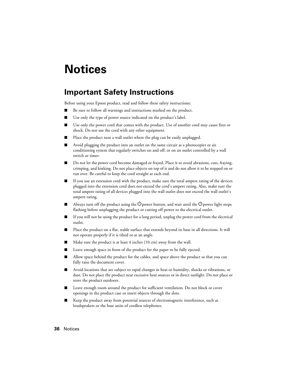 Notices, Important safety instructions | Epson WorkForce 645 User Manual | Page 36 / 44