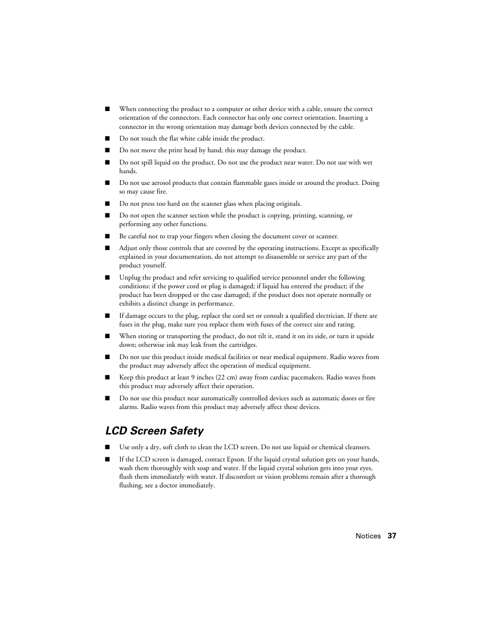 Lcd screen safety | Epson WorkForce 645 User Manual | Page 37 / 44