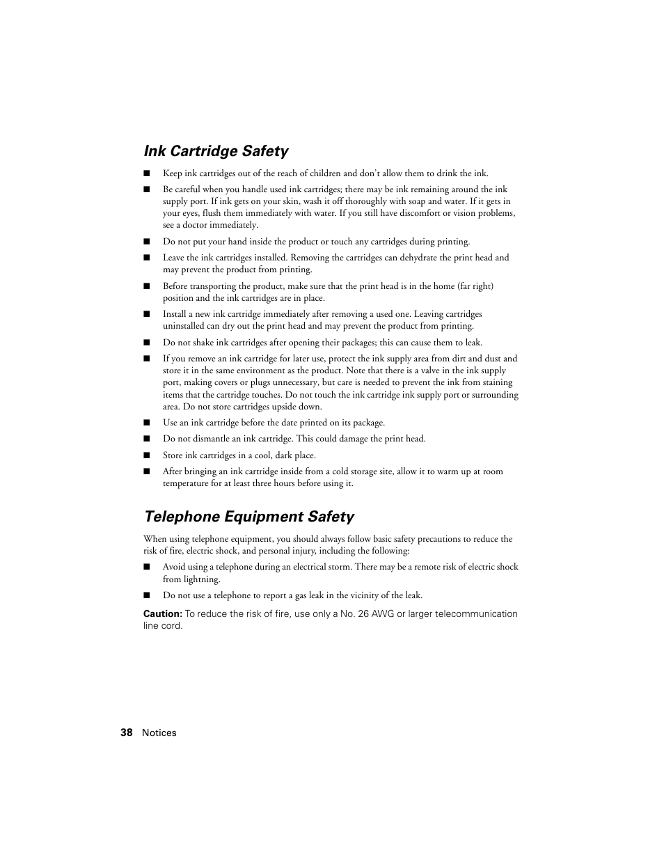 Ink cartridge safety, Telephone equipment safety | Epson WorkForce 645 User Manual | Page 38 / 44