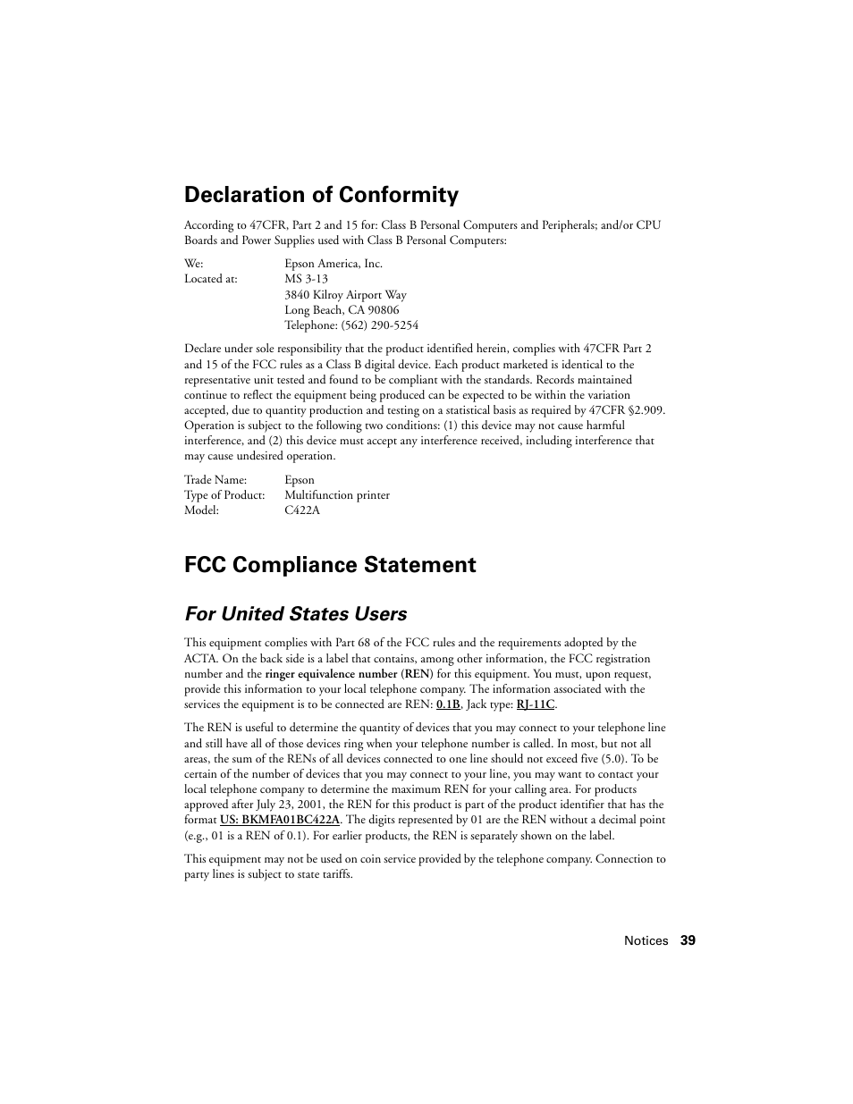 Declaration of conformity, Fcc compliance statement, For united states users | Epson WorkForce 645 User Manual | Page 39 / 44