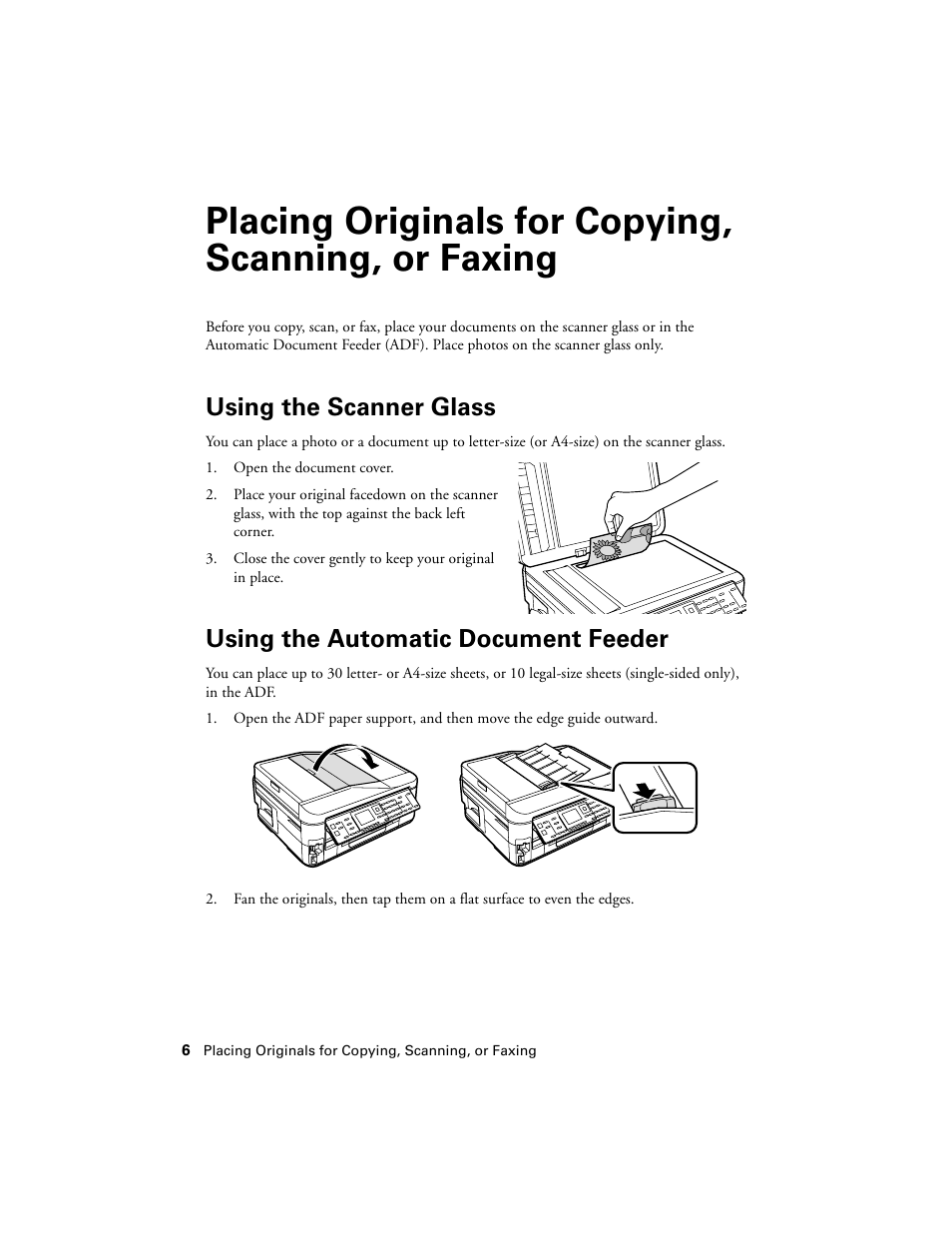 Placing originals for copying, scanning, or faxing, Using the scanner glass, Using the automatic document feeder | Epson WorkForce 645 User Manual | Page 6 / 44