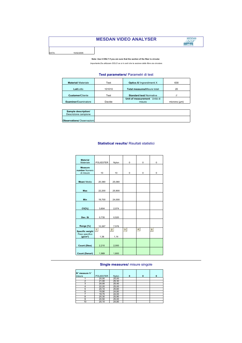 Mesdan video analyser, Test parameters/ parametri di test | Epson 250D User Manual | Page 6 / 12