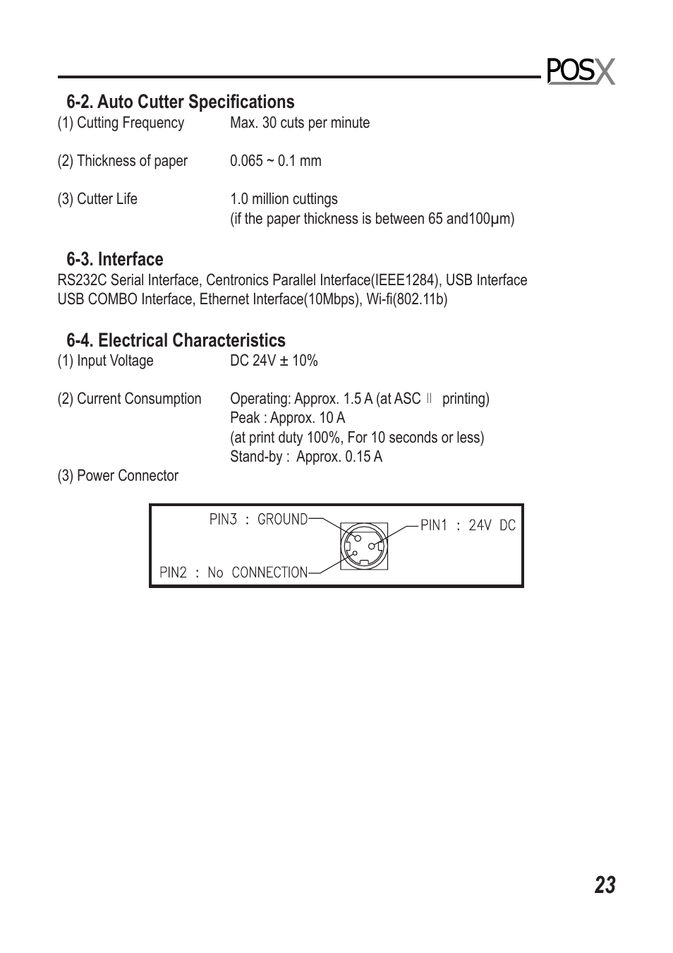 2. auto cutter speciﬁcations, 3. interface, 4. electrical characteristics | Epson XR510 User Manual | Page 24 / 29