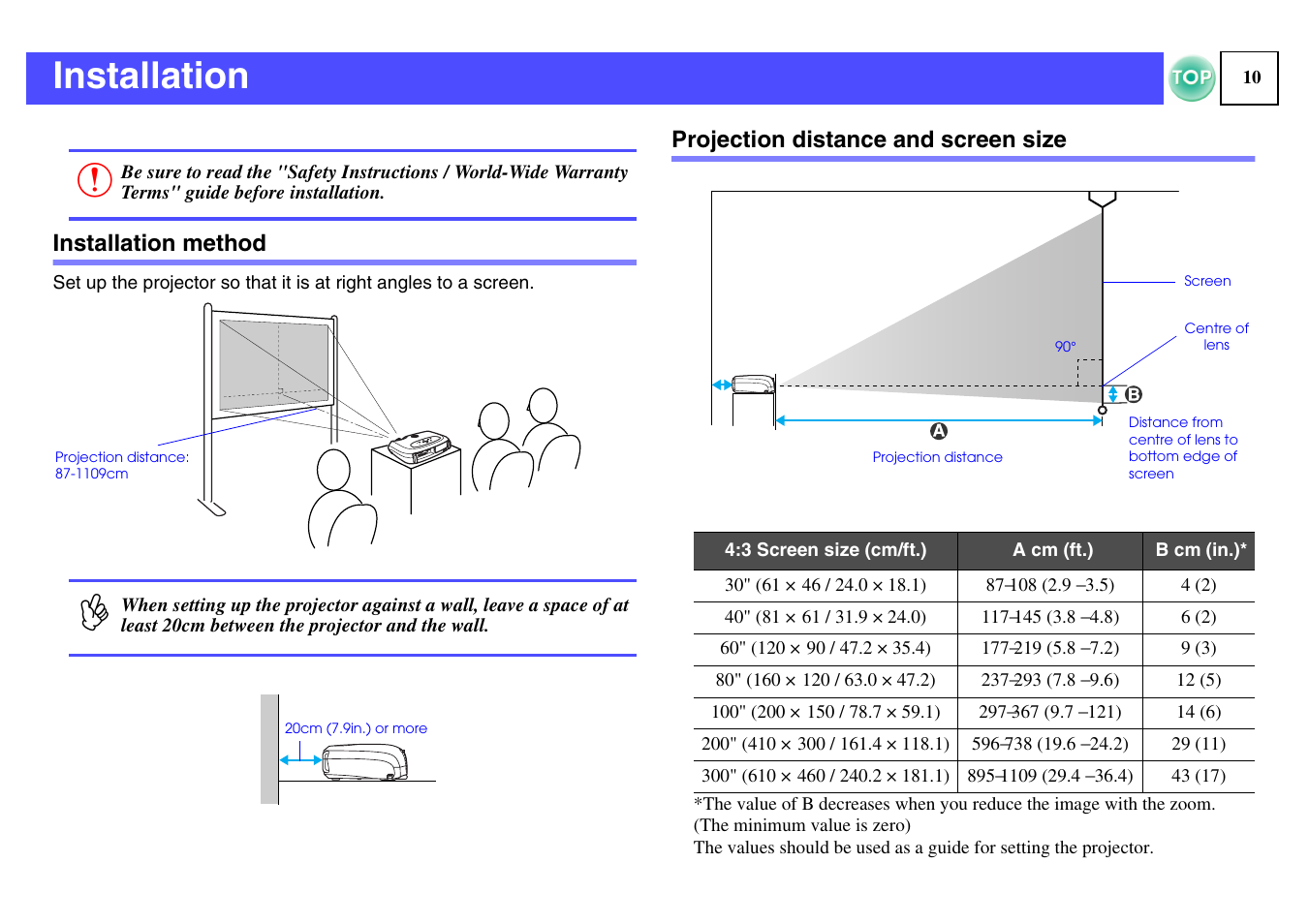 Installation, Installation method, Projection distance and screen size | Epson ELPLP29 User Manual | Page 11 / 75