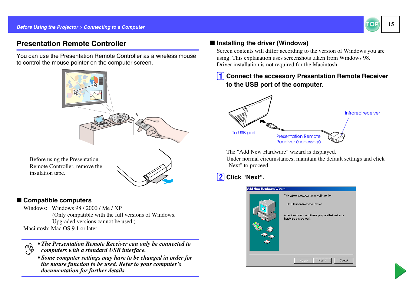 Presentation remote controller | Epson ELPLP29 User Manual | Page 16 / 75