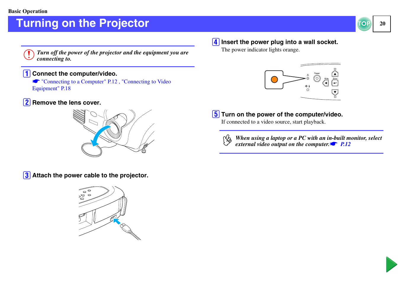Basic operation, Turning on the projector, P.20 | P.20, p, Inlet | Epson ELPLP29 User Manual | Page 21 / 75