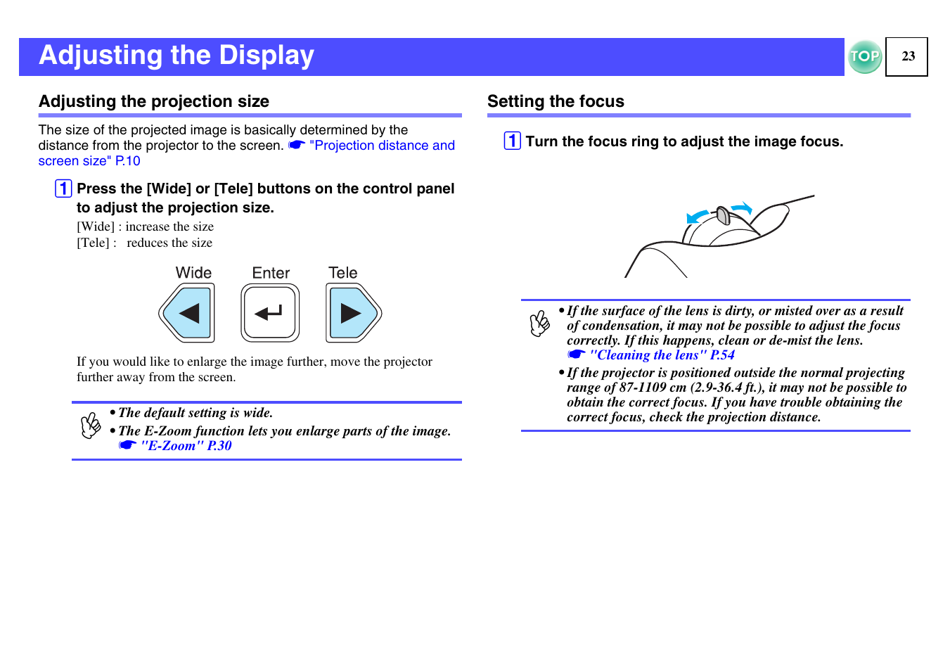 Adjusting the display, Adjusting the projection size, Setting the focus | Adjusting the projection size setting the focus, Focus ring, P.23, Buttons | Epson ELPLP29 User Manual | Page 24 / 75