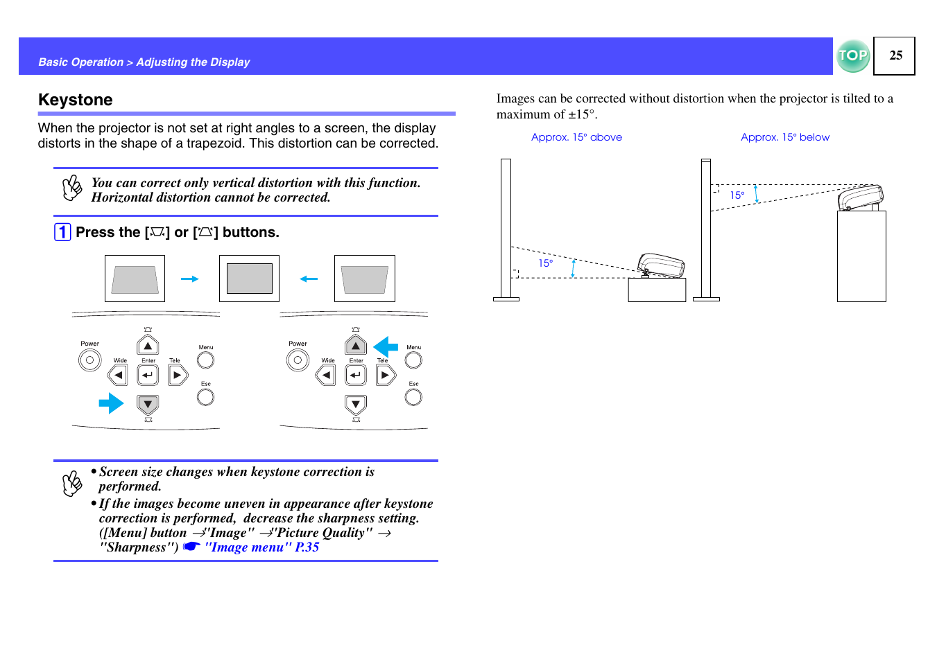 Keystone, Buttons, P.25 | Epson ELPLP29 User Manual | Page 26 / 75