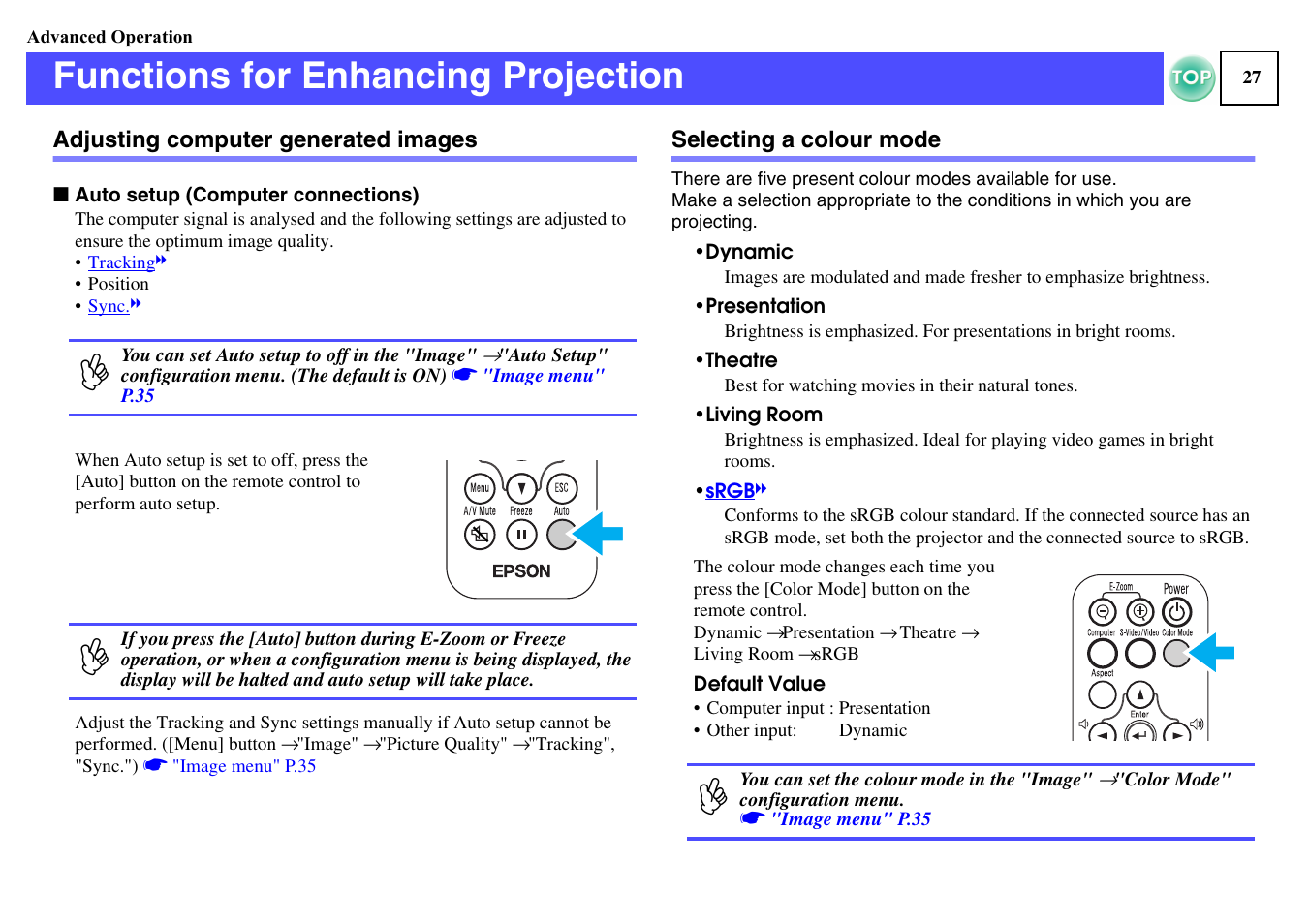 Advanced operation, Functions for enhancing projection, Adjusting computer generated images | Selecting a colour mode, Auto setup (computer connections)" p.27, Selecting a colour mode" p.27, P.27, Tton | Epson ELPLP29 User Manual | Page 28 / 75