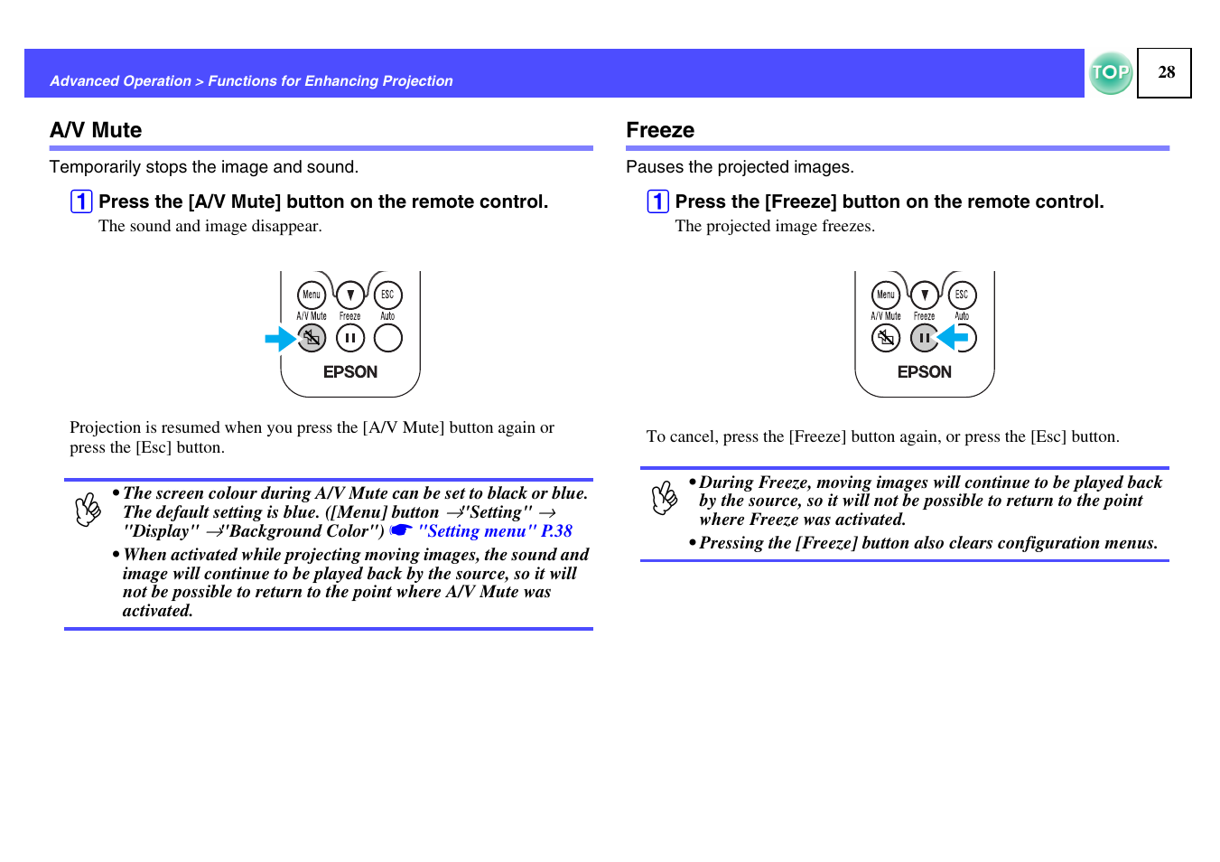 A/v mute, Freeze, A/v mute freeze | P.28, Button | Epson ELPLP29 User Manual | Page 29 / 75