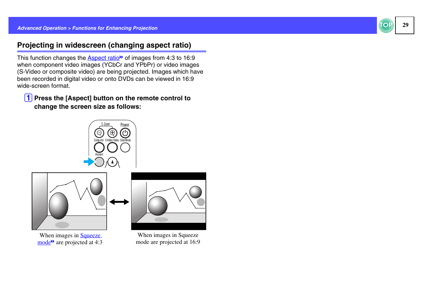 Projecting in widescreen (changing aspect ratio), P.29 | Epson ELPLP29 User Manual | Page 30 / 75