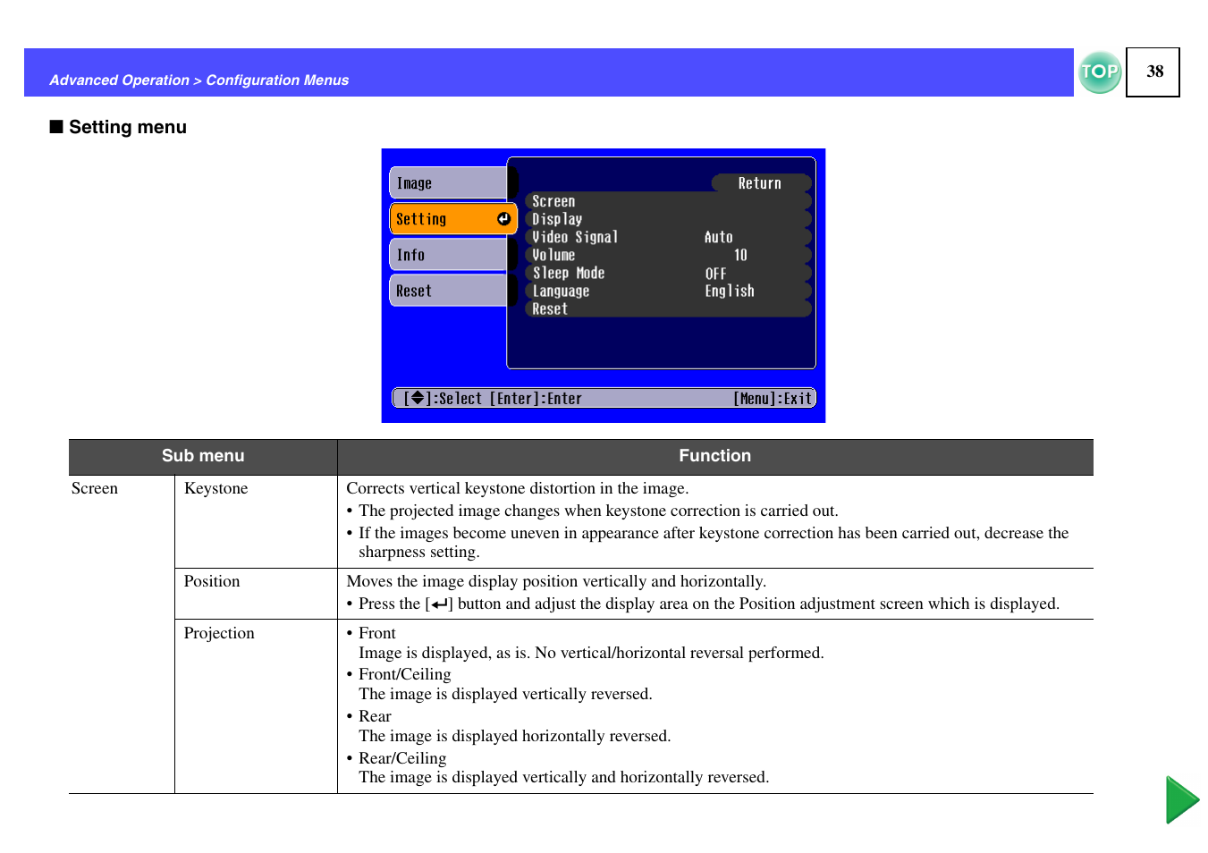 Ation menu, Setting menu" p.38 | Epson ELPLP29 User Manual | Page 39 / 75