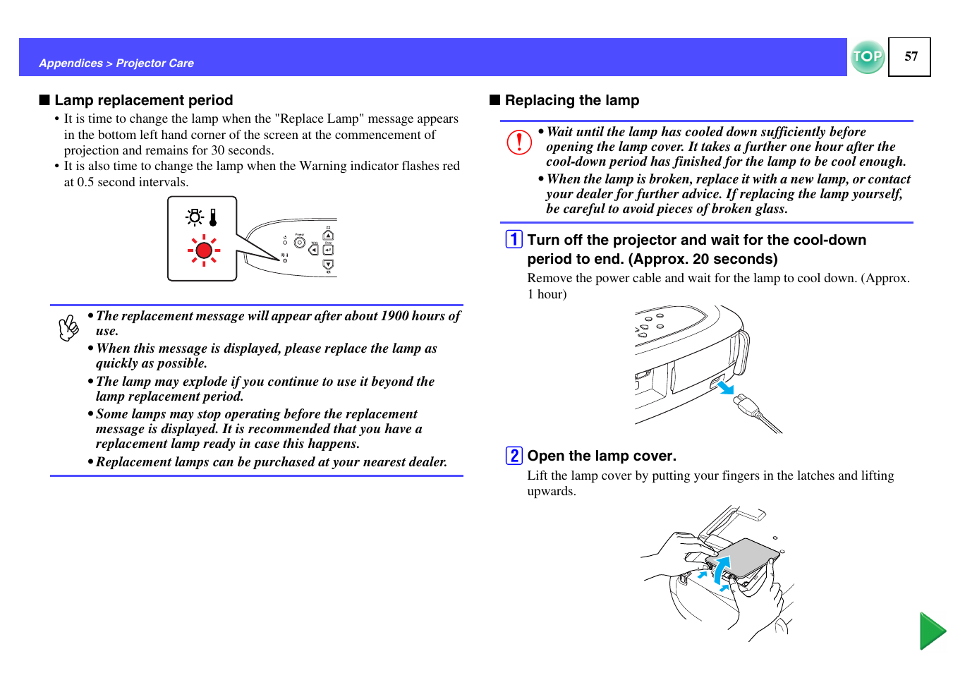 P.57, Lamp, Replacement period" p.57 | Epson ELPLP29 User Manual | Page 58 / 75