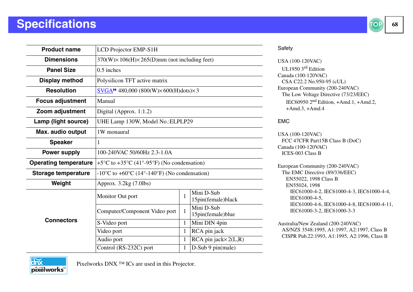 Specifications | Epson ELPLP29 User Manual | Page 69 / 75